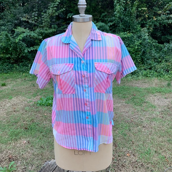 Tops - Short Sleeve Stripe and Plaid Button-Up